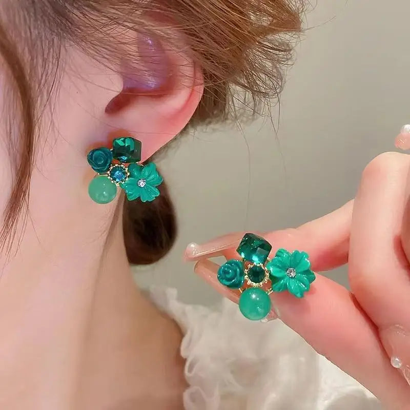 925 Silver Needle Green Flower Earrings For Women Korean Fashion Jewelry 2026 Trending Luxury Zircon Leaf Women's Stud Earrings