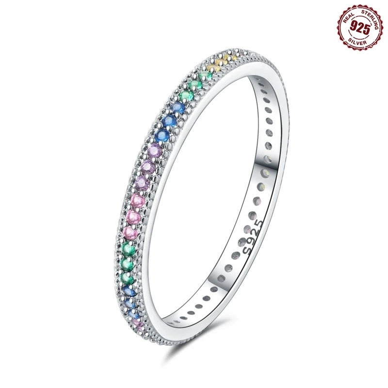 MISEFF Real 925 Sterling Silver Double Rings Simple Color Zircon Rings For Wedding Engagement Birthday Silver Jewelry Gift