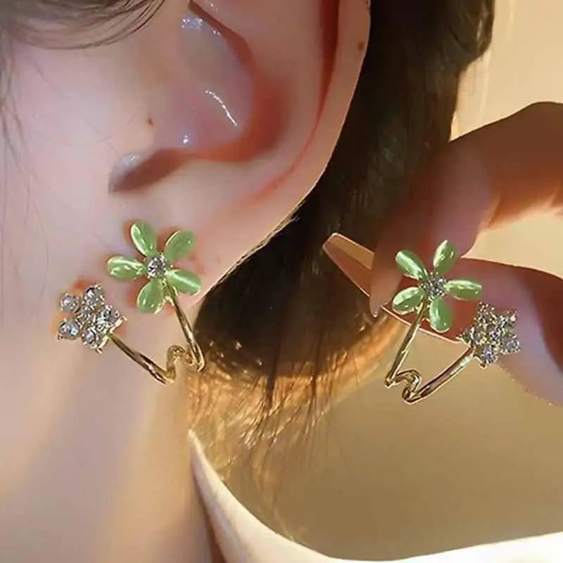 925 Silver Needle Green Flower Earrings For Women Korean Fashion Jewelry 2026 Trending Luxury Zircon Leaf Women's Stud Earrings
