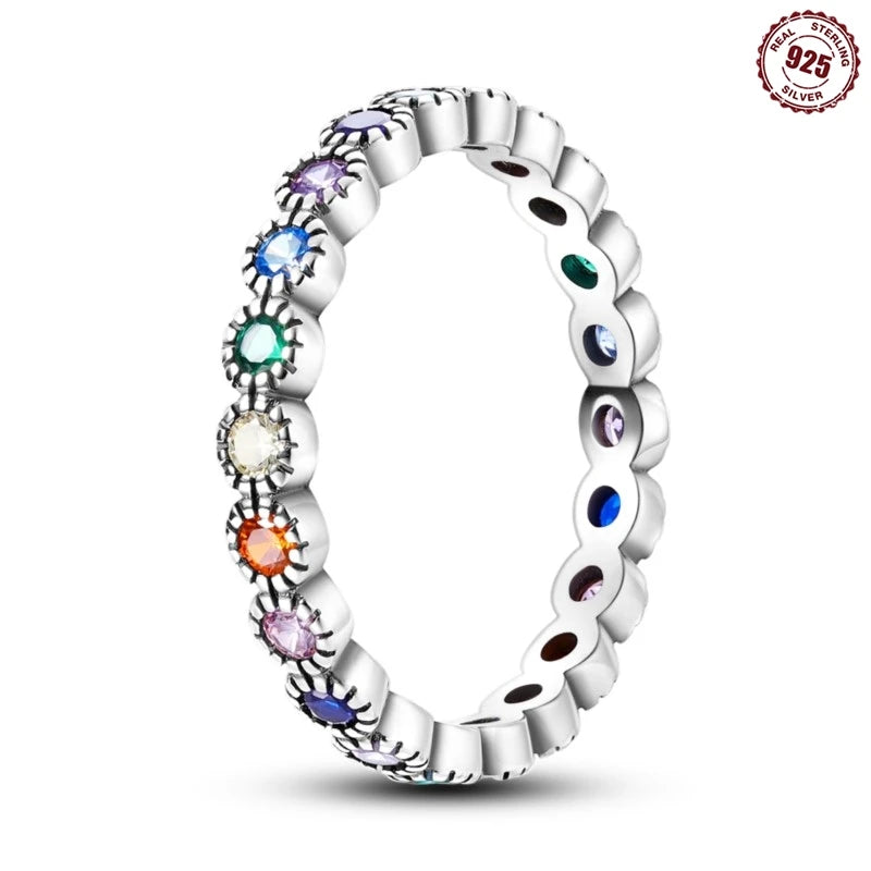 MISEFF Real 925 Sterling Silver Double Rings Simple Color Zircon Rings For Wedding Engagement Birthday Silver Jewelry Gift