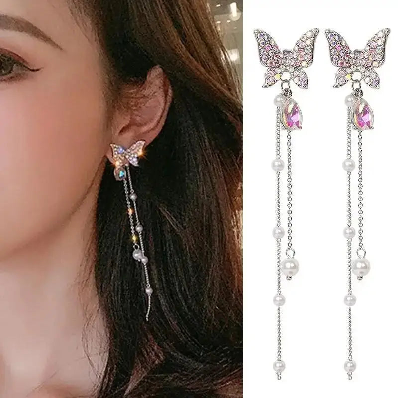 925 Silver Needle Purple Butterfly Long Tassel Earrings For Women Jewelry 2026 Trending Korean Fashion Luxury Crystal Earrings