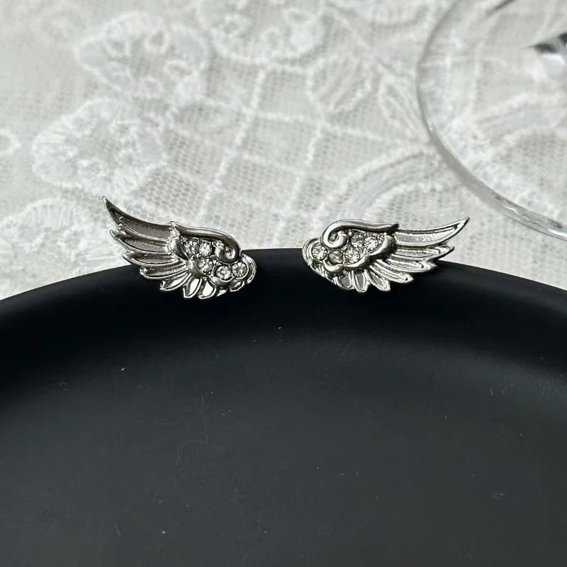 Fashion Zircon Wing Stud Earrings for Women Luxury Shiny Crystal Creative Angel Wings Cross Silver Color Ear Studs Jewelry Gifts