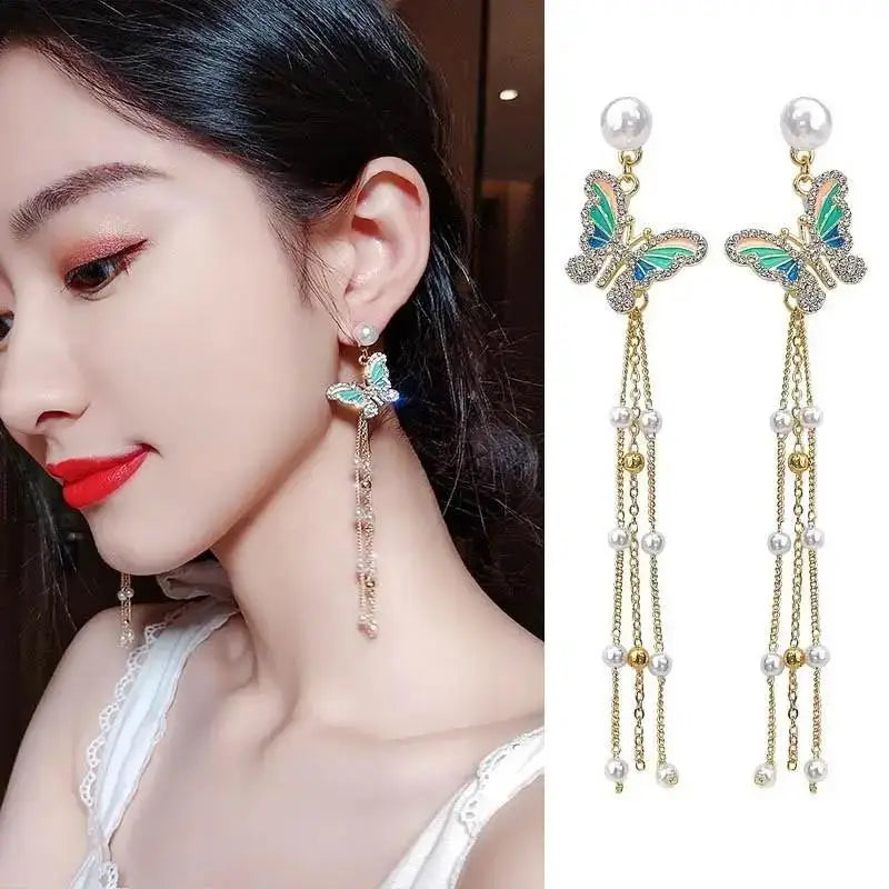 925 Silver Needle Purple Butterfly Long Tassel Earrings For Women Jewelry 2026 Trending Korean Fashion Luxury Crystal Earrings