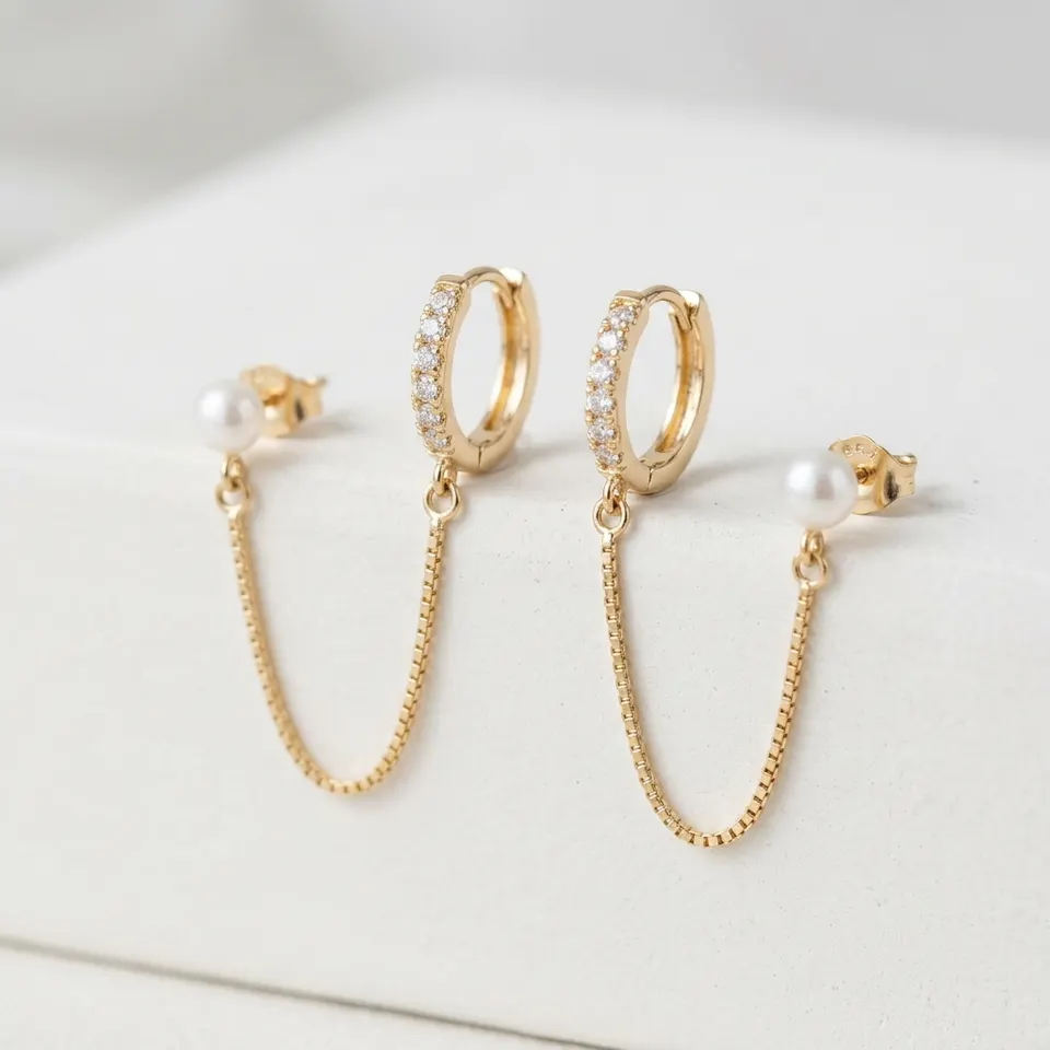 PAVOI 14K Gold Chain Earrings for Women | Double Piercing Dangle Chain Huggie Hoop Earrings | Cubic Zirconia Pearl Stud Earrings for Women