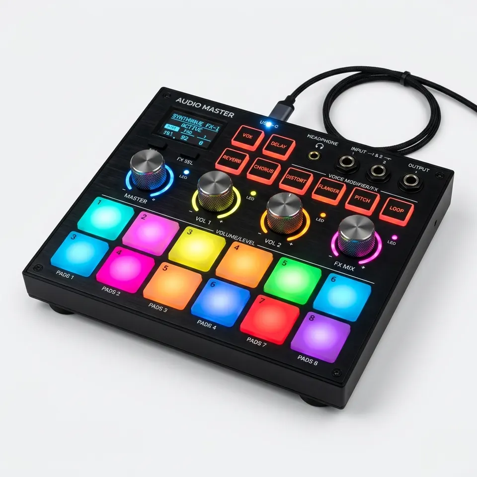 Sound Effects Board with Audio Interface, Voice Changer & LED Lights, Live Sound Mixer for PC, Phone, Microphone, Karaoke, Streaming, Recording & Gaming